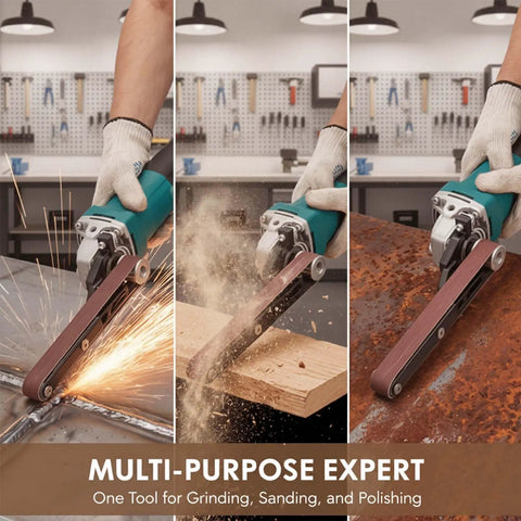 Garage Rat Approved Angle Grinder Belt Sander Adapter Heavy Steel Conversion Kit in action sanding metal and wood.