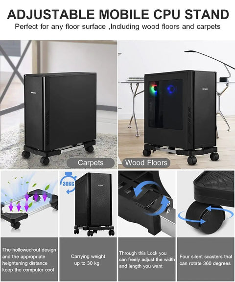 Computer Tower Stand With Adjustable Mobile CPU Holder And Rolling Caster Wheels, Premium PC Tower Stand for carpets and floors