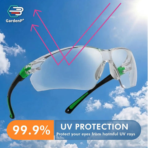 Rock Solid Pair Of Uv Shielding Safety Glasses With Anti Fog Scratch Proof Wraparound Lenses Perfect For Work Sports Yard Chores Or Driving Featuring Ansi Z871 Standard Comfortable Nose Guard And Flexible Temples For Daily Driver facing blue sky showing UV protection features.