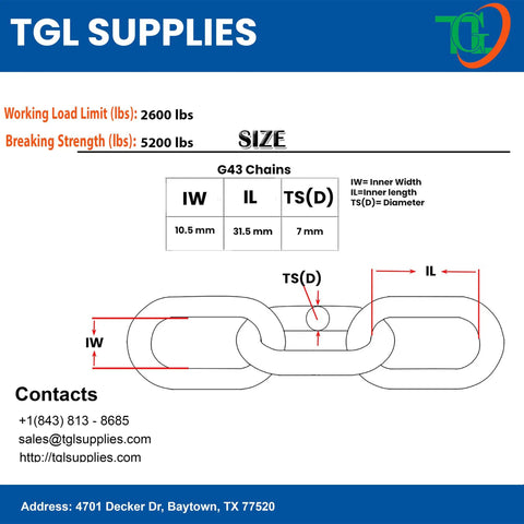 G43 chain size chart showing IW, IL, TS(D) measurements for Rock Solid G43 High Test Quarter Inch Anchor Chain For Boat Docking Heavy Duty Alloy Steel Links Badass Durability Two Thousand Four Hundred Foot Roll Tough As Nails Marine Rigging Haul Gear Pro Grade.