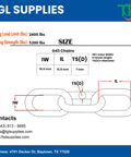 Diagram showing specifications of G43 High Test Alloy Steel Chain with 2600 lbs safe load and 5200 lbs break force.