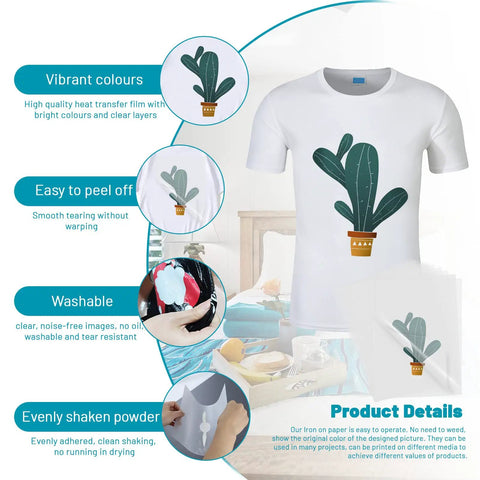 Direct To Film Transfer Paper Kit For Diy Crafters 50 Sheets A4 Size 8.5 By 11 Inches Printable Heat Transfer Paper For Sublimation On T Shirts And Textiles Pretreat Transparent Iron On Paper showing product features and t-shirt design