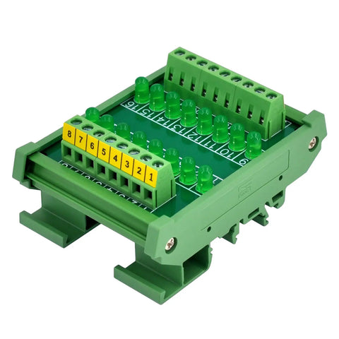 Sixteen Channel Green LED Indicator Light Module For DIN Rail Mount 5 To 50V DC Common Positive And Negative, showing terminals and LEDs