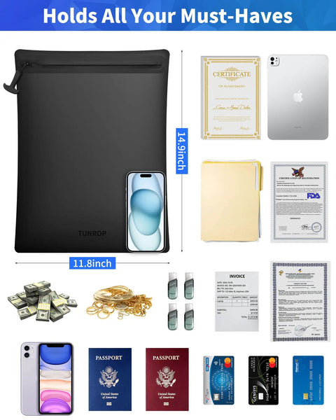 IPX8 Waterproof Document Bag Submersible One Meter For Business Travelers And Boating with various items including passports and documents.