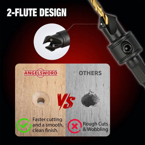 Heavy Duty 13 Piece Adjustable Countersink Drill Bit Set Built Like A Tank For Getting The Job Done Quick showing 2-flute design comparison.