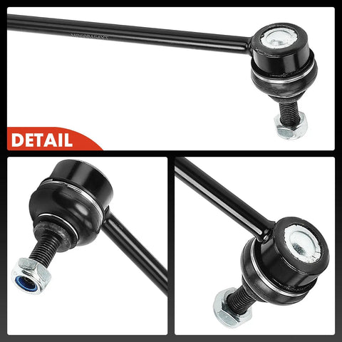 Close-up of Two Front Sway Bar End Links for Chevrolet Spark 2013-2015 and Spark EV 2014-2016, black steel construction, set of 2