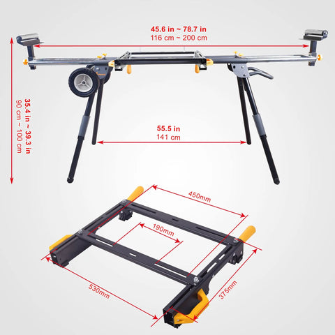 Heavy Duty Rolling Miter Saw Stand With Extending Support Arms And Smooth Eight Inch Wheels For Quick Hookup And No Hassle Shop Moves Holds Up To Three Hundred Thirty Pounds On Black Grey Frame