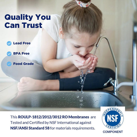 Child drinking tap water in kitchen, highlighting DIY 150 GPD Reverse Osmosis Membrane Kit With 12 Inch Membrane Housing for clean water.