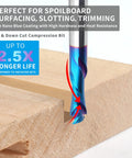 Side view of EANOSIC spiral up-down router bit, 1/2 in dia & 1/2 in shank, solid carbide nano blue coating cutting wood