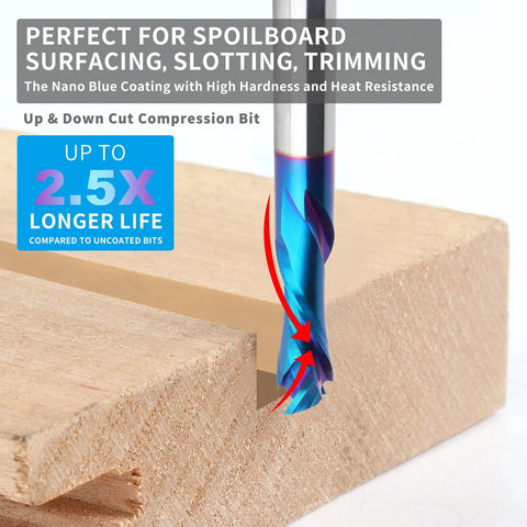 Side view of EANOSIC spiral up-down router bit, 1/2 in dia & 1/2 in shank, solid carbide nano blue coating cutting wood