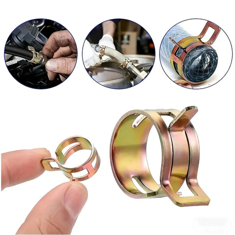Heavy Duty 32 Piece Spring Hose Clamp Set In 304 Stainless Steel And Copper No Tool Quick Install shown with applications