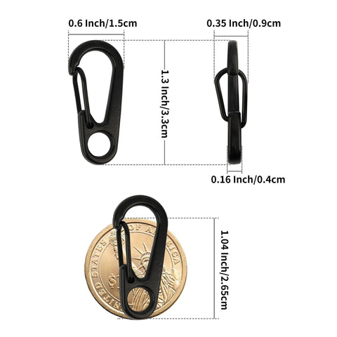 Mini Carabiner Clip 10 Pack Aluminum Alloy Tiny Spring Snap Hooks For Paracord EDC Keychains And Backpack Gear size comparison