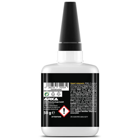 Back view of Ultra Fast Dry 3D Printer Glue For PLA, ABS, PETG, TPU, Nylon And ASA, 1.76 Oz XXL, clear adhesive bottle label