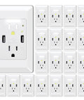 Rock Solid 15 Amp USB Wall Outlets With Auto Nightlight 4.2A Fast Charge Duplex Receptacle AC Socket Sensing Wall Plates in white.