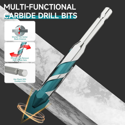 Pro Grade Diamond Coated Drill Bits Set, showcasing a multi-functional carbide bit with hex shank on a tile surface