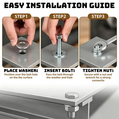 Heavy Duty Steel Fender Flat Washers Set 5/16 X 1-1/5 Inch Zinc Plated installation steps with bolt and nut fastening