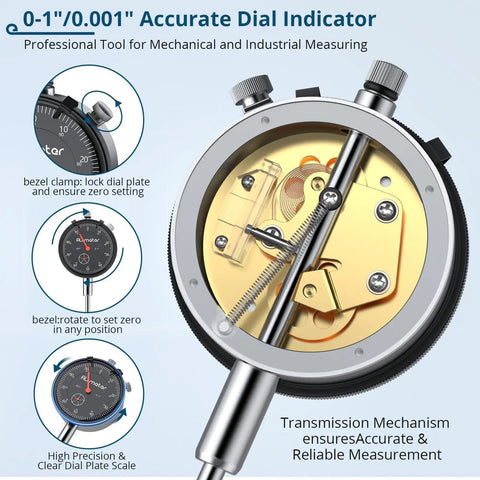 Dial Indicator Set With Magnetic Base 0 to 1 Inch Range 0.001 Inch Accuracy showing internal mechanism and bezel clamp.