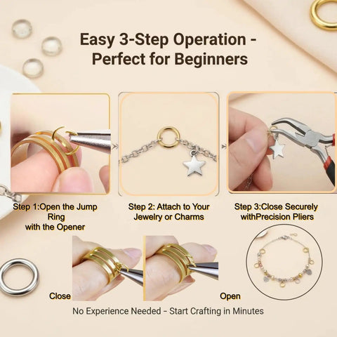 All In One Jewelry Making Kit With 1200 Pcs Small Open Jump Rings In Gold And Silver Assorted Sizes 4mm 5mm 6mm 8mm 10mm Plus Lobster Clasps Pliers Opener And Tweezers For Necklace Bracelet Charms Repair Kit shown with step-by-step guide for beginners