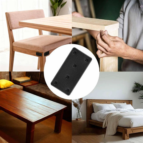 Heavy Duty Matte Black Stainless Steel Mending Plates 4 Pack With Screws, shown on furniture corners and tables.