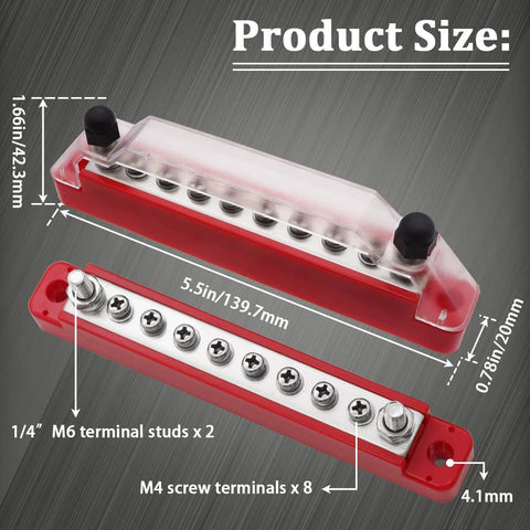 Power Distribution Terminal Block With Cover For Car Boat Marine 150A Battery Bus Bar M6 Terminal Studs M4 Terminal Screws