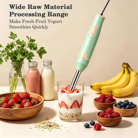 800W Immersion Hand Blender With Stainless Steel Blades For Whipping Up Smoothies And Baby Purees With 2 Speed Settings And Ergo Handle That Blends Tough Stuff With Ease Using The EU Plug To Level Up Your Cookout For Tasty Eats Now. in a glass mixing yogurt and fruit with fresh ingredients like strawberries and bananas.