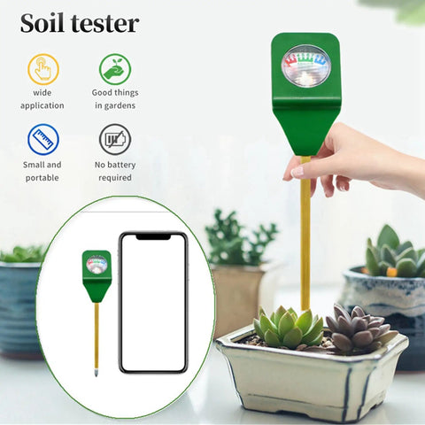 Hand using 5X Mini Soil Moisture Meter With Light And PH Tester for quick garden care, testing soil moisture in a potted plant.
