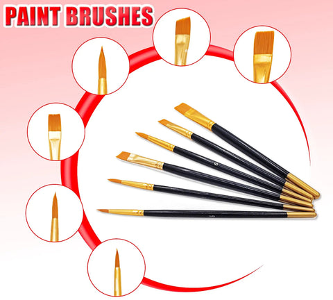 Variety of paint brushes with different tips displayed on a white and red background