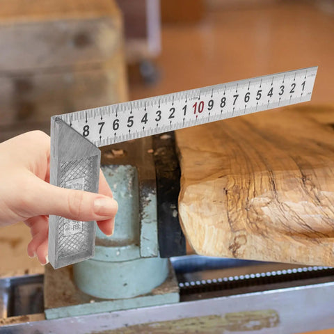 Person using Stainless Steel 90 Degree Angle Ruler L Square Carpenter Measuring Tool for Design Layout on wood piece
