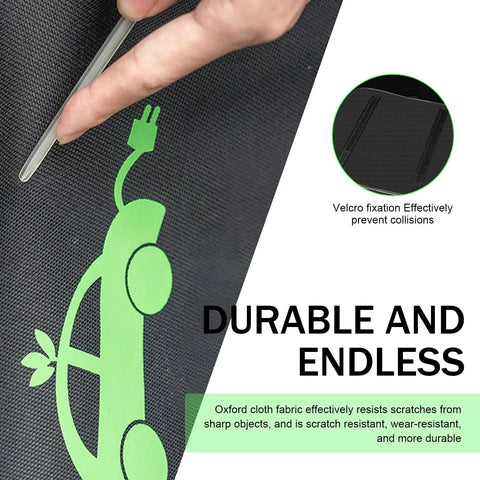 Heavy Duty Waterproof Ev Cable Bag No Sweat Jumper Wire Organizer showing durable oxford fabric and Velcro fixation detail.