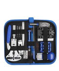 Pro Level 8 Piece Watch Repair Kit Featuring Link Pin Remover Case Opener And Battery Pry Tools in a blue zippered case.