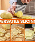 Front view of two-piece HNYYZL crinkle cutter set with ribbed blades cutting potatoes into waffle fries.
