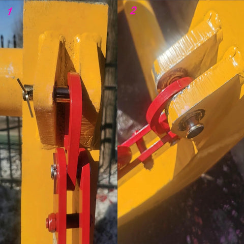 1-ton automatic decoupling lifting hook mounted on yellow forklift attachment; red linkage plates.  
1-ton auto-separating lifting hook close-up, red hook with bolt on yellow steel plate.