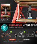 Heavy Duty Hydraulic Motorcycle Lift Jack 350 Lb Capacity showing close-up of hydraulic tube and compatibility with bikes