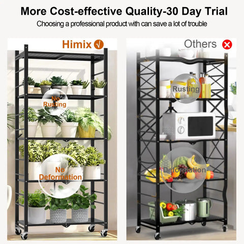 Slick Black Five Tier Foldable Storage Shelf With Casters And Twenty Hooks Quick Kitchen Pantry Cleanup No Fuss Assembly Solid Build For Tight Spaces And Daily Hauls