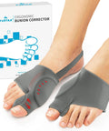 Bunion Corrector For Overlapping Big Toes And Hallux Valgus Pain Relief, Ergonomic Breathable Toe Splint shown on feet, grey, XL Men 10-13