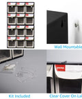Super Easy Tilt Out Storage Cabinet With Six Smooth Glide Drawer Bins For Small Parts Sorting Stackable Plastic Craft Organizer Box With Quick Connect Modular Rack System Black, wall mountable design with clear labels.
