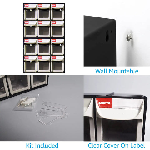 Super Easy Tilt Out Storage Cabinet With Six Smooth Glide Drawer Bins For Small Parts Sorting Stackable Plastic Craft Organizer Box With Quick Connect Modular Rack System Black, wall mountable design with clear labels.