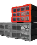 12 Drawer Interlocking Tool Storage Cabinet With Ball Bearing Slides For Garage And Workshop Heavy Duty Tool Organizer Chest With Easy Access And Durable Multi Color Finish, showing interlocking drawers in red and grey.