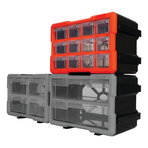 12 Drawer Interlocking Tool Storage Cabinet With Ball Bearing Slides For Garage And Workshop Heavy Duty Tool Organizer Chest With Easy Access And Durable Multi Color Finish, showing interlocking drawers in red and grey.