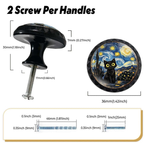 Four Pack Starry Sky Black Cat Cabinet Knobs Round Acrylic Drawer Pulls with Night Sky Cat Design and Dimensions