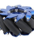 4in blue anodized mecanum wheel with TPU rollers and aluminum drive plate, close-up