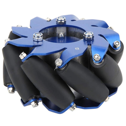 4in blue anodized mecanum wheel with TPU rollers and aluminum drive plate, close-up