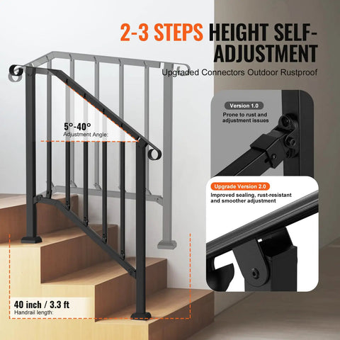 Heavy Duty Carbon Steel Outdoor Stair Handrail Kit Featuring Classic Retro Arch Design with adjustable height for 2-3 steps.
