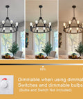 Black Farmhouse Wagon Wheel Chandelier With 8-Light 23.6 Inch Vintage Industrial Round Pendant Ceiling Light Fixture For Kitchen Island Dining Room Living Room Bedroom Hallway Entryway Foyer With Adjustable Chain, shown dimmable.