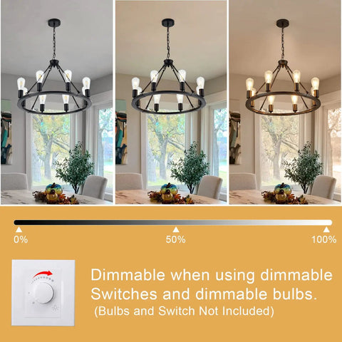 Black Farmhouse Wagon Wheel Chandelier With 8-Light 23.6 Inch Vintage Industrial Round Pendant Ceiling Light Fixture For Kitchen Island Dining Room Living Room Bedroom Hallway Entryway Foyer With Adjustable Chain, shown dimmable.