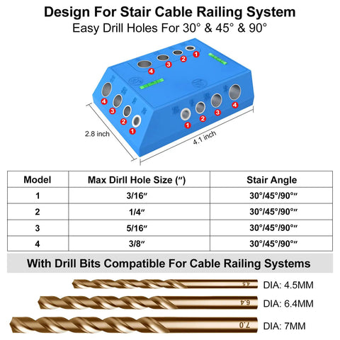 Upgraded Drill Guide Jig With 3 Angles 30 45 90 Degrees For Angled And Straight Holes Includes 4 Drill Bit Sizes diagram