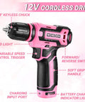 12V Cordless Drill from Pink Tool Kit Box Drill Set For Home DIY Enthusiasts with LED light and soft grip handle