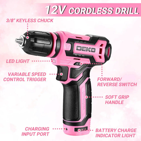 12V Cordless Drill from Pink Tool Kit Box Drill Set For Home DIY Enthusiasts with LED light and soft grip handle