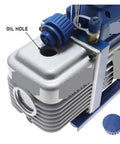 Heavy Duty Single Stage Vacuum Pump For Hvac Service Featuring Hella Fast Flow Rates And Gas Ballast Valve To Cut Condensation, showing oil hole.