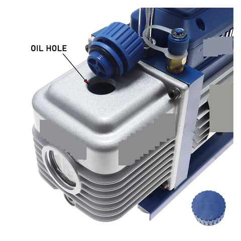 Heavy Duty Single Stage Vacuum Pump For Hvac Service Featuring Hella Fast Flow Rates And Gas Ballast Valve To Cut Condensation, showing oil hole.